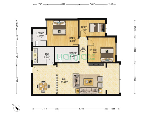 新农八村 3室1厅2卫 114平方