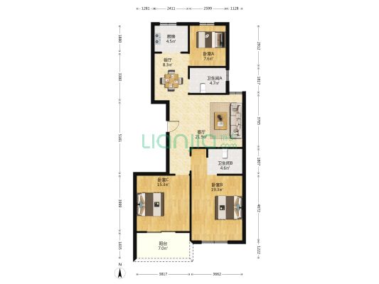 金盾家园 3室2厅2卫 124平方
