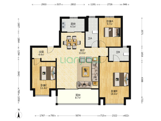 滨江道江园 3室1厅2卫 129平方