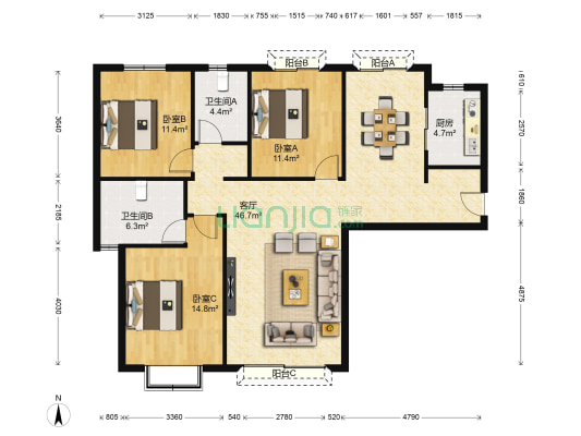 天庆•格林小镇东区 3室1厅2卫 143平方