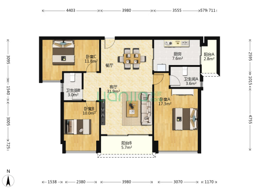 江南岸随园 3室1厅2卫 105平方