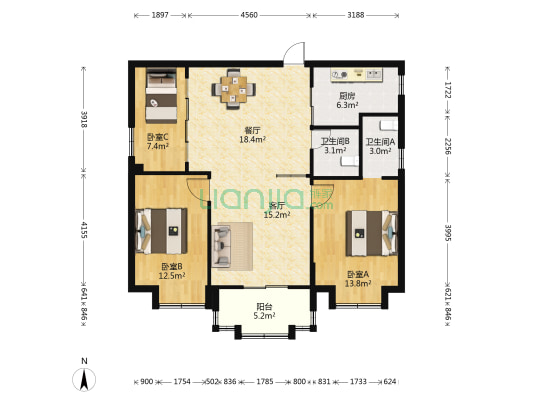 福马名城A座 3室2厅2卫 111平方