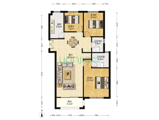 悦湖美郡 3室1厅2卫 122平方