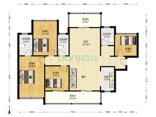 布洛可二区 4室1厅3卫 127平方