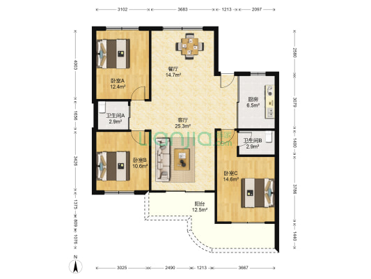 仓坦大楼 3室2厅2卫 119平方