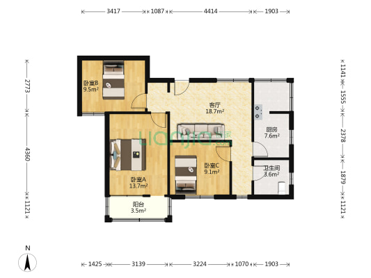 瑞金北路54号院 3室1厅1卫 85平方