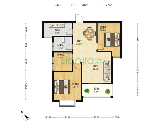 拓东大城 3室2厅1卫 91平方