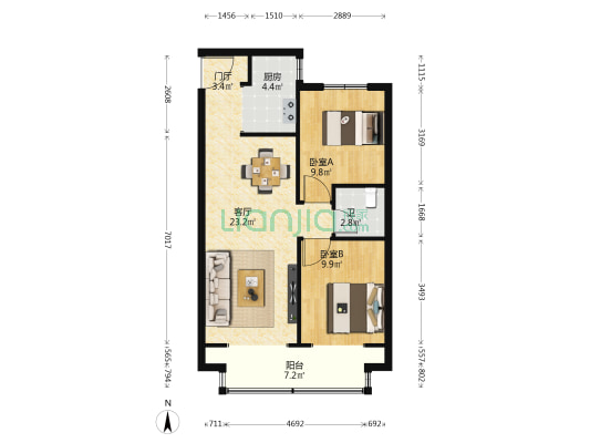 祥聚嘉苑 2室1厅1卫 83平方