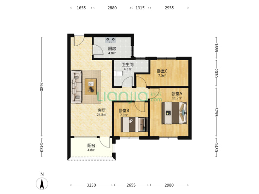 桃源新都孔雀城。南北通透三居，中高楼层，采光通风好-户型图