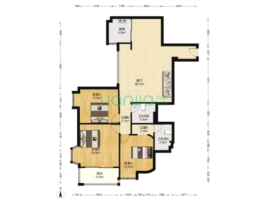 鑫城佳园 3室1厅2卫 143平方