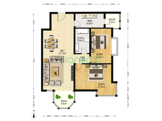 枫桦豪景二期 2室1厅1卫 118平方