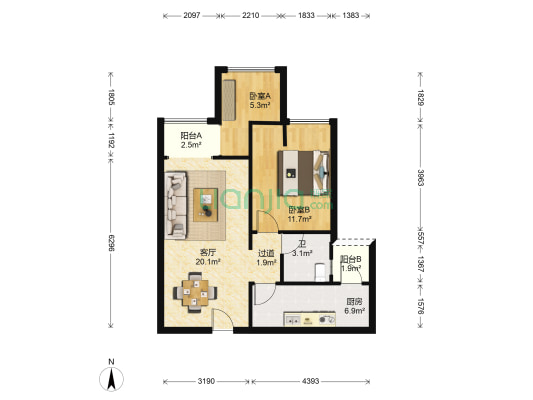 鹏润悦秀上东三期 2室1厅1卫 68平方