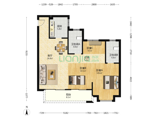 绿地铂澜府 3室1厅2卫 110平方