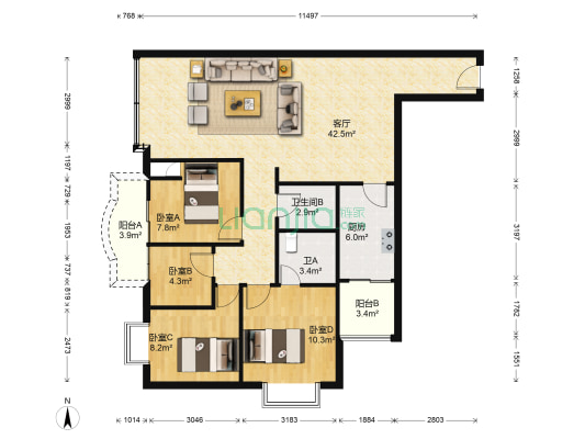 黄龙路39号 4室1厅2卫 130平方