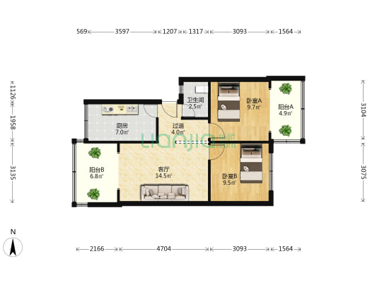 昆明市塑料厂宿舍 2室1厅1卫 56平方