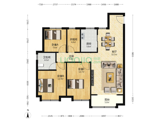 万达云峰 3室1厅1卫 125平方