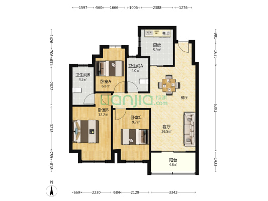 上实望海 3室1厅2卫 100平方