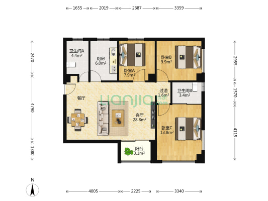 中建大厦 3室1厅2卫 108平方