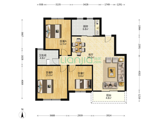 郁金香花园 3室1厅1卫 111平方