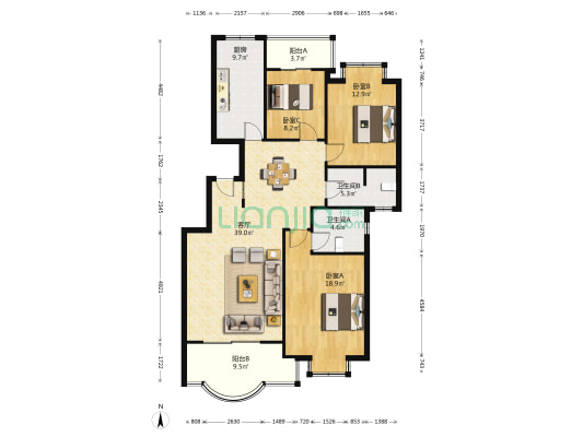 鸿铭中心北苑 3室1厅2卫 130平方