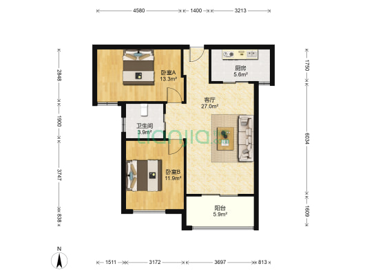 新弘国际城(公寓) 2室1厅1卫 89平方