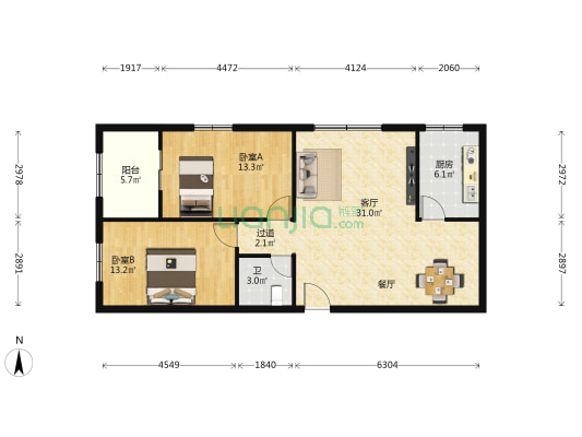 东方科贸大厦 2室1厅1卫 95平方