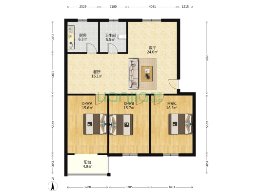 祥瑞花园 3室2厅1卫 127平方