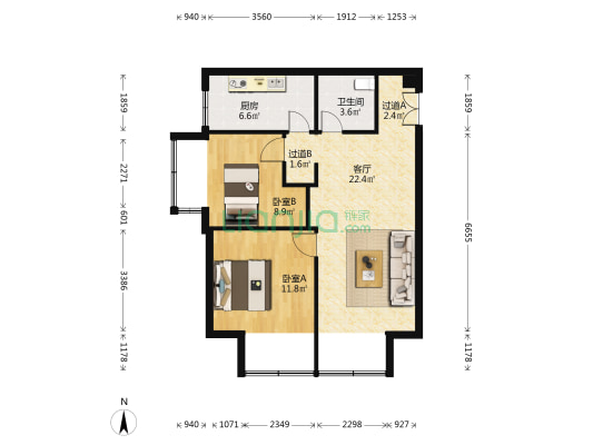 金融街长安中心 2室2厅1卫 93平方