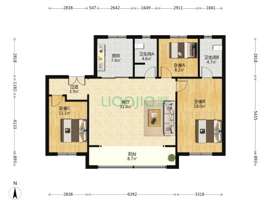 即墨樾府 3室1厅2卫 134平方
