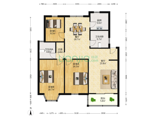 北虹小区南区 3室2厅2卫 126平方