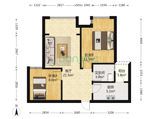 易度庭院时光 2室1厅1卫 71平方
