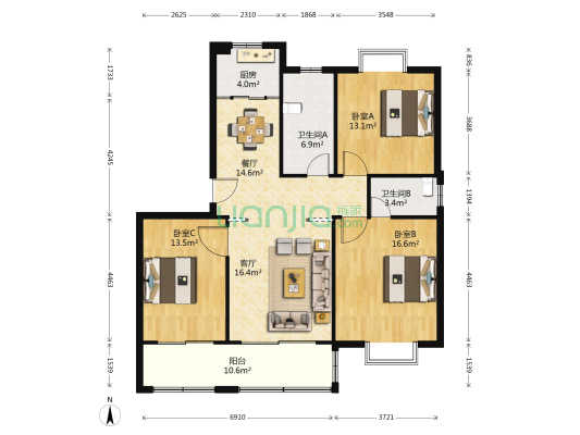 润通花园 3室2厅2卫 113平方