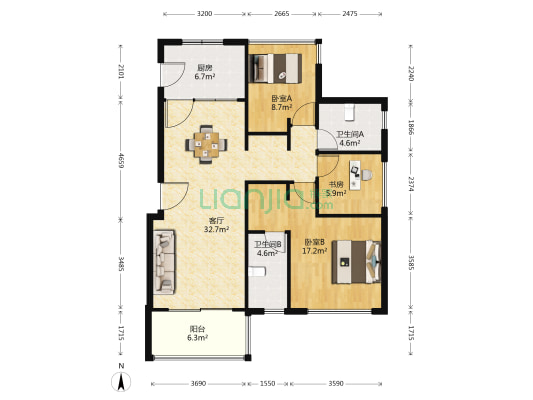 泊璟廷二期 3室1厅2卫 118平方