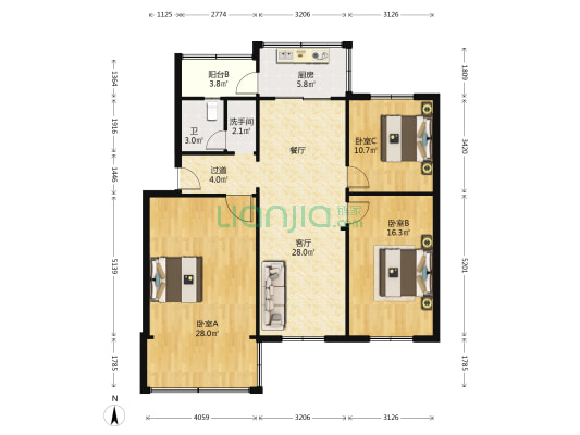 国土园宿舍 3室1厅2卫 124平方