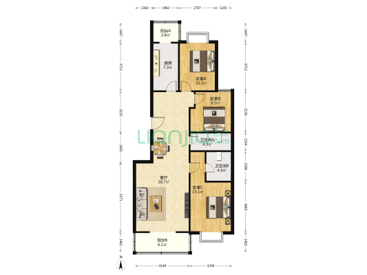 科创小区北区 3室1厅2卫 128平方