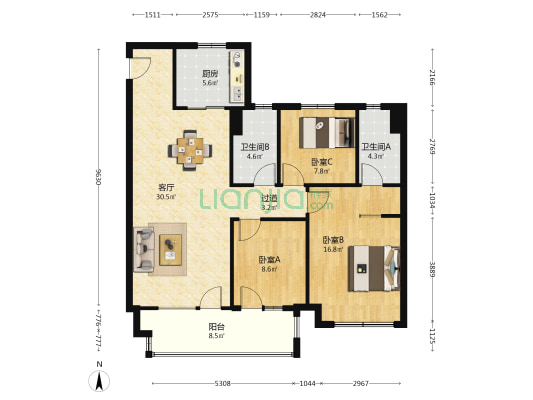 烟台芝罘吾悦广场 3室1厅2卫 123平方