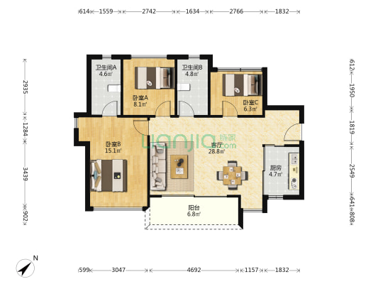 中海寰宇时代花园 3室1厅2卫 89平方