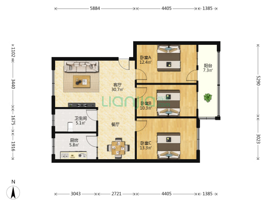 七彩城八号小区 3室1厅1卫 101平方