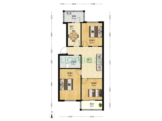 陵后巷15号院 3室2厅1卫 84平方