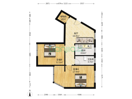 汉剧院宿舍 2室1厅1卫 69平方