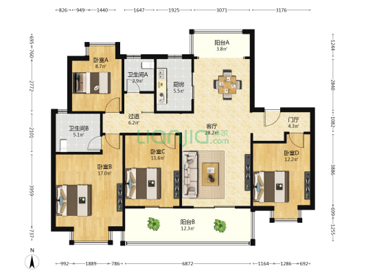 华侨城万科纯水岸 4室1厅2卫 140平方
