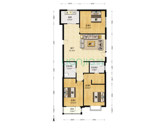 万科东第 3室1厅2卫 140平方