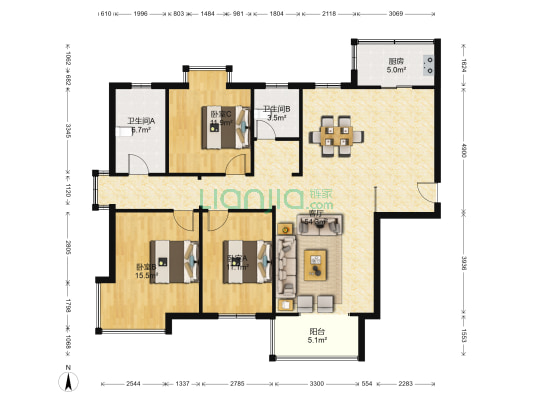 拉德芳斯南苑 3室1厅2卫 139平方