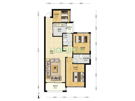 美茵河畔花园 3室1厅2卫 90平方