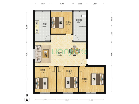 机械厂宿舍 4室1厅1卫 120平方