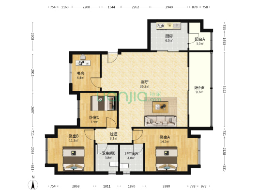 信达斓郡 4室1厅2卫 125平方