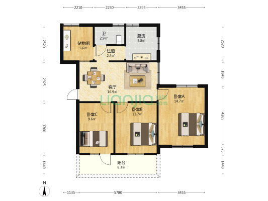 伏虎山休养所 3室1厅1卫 94平方