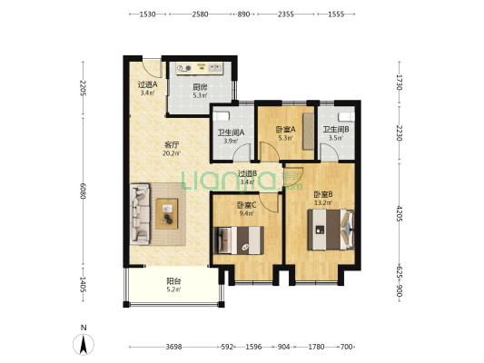 致远居 3室1厅2卫 93平方