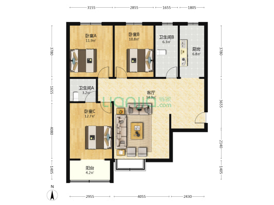 南北通透三居室  户型方正无浪费-户型图
