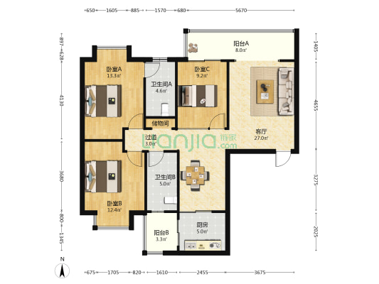 纳川国际茗城 3室1厅2卫 114平方